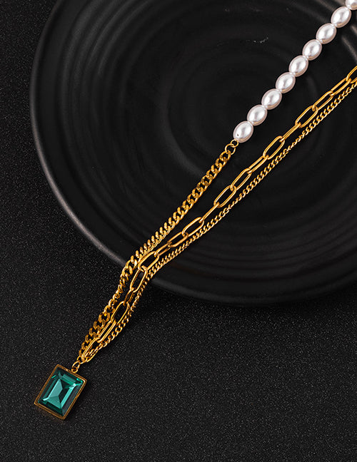 Gold Pearl and Emerald Chain Necklace